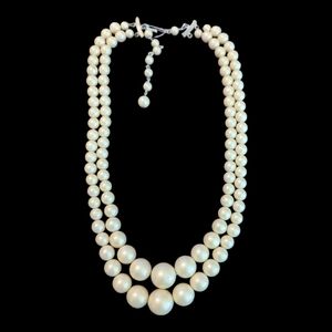 Vintage 50s Graduated Faux Ivory  Beaded Double Stranded Necklace Silver Tone